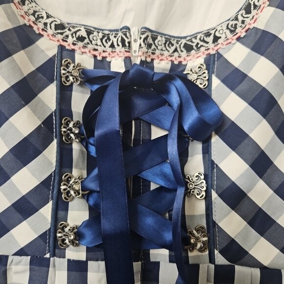Womens Glory Star Sz Large Milkmaid Dress Gingham Navy White Coquette - Picture 3 of 8